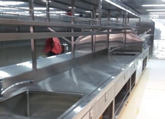 Stainless Steel Center Working Cabinet with 2-tier overhead shelves & Sink